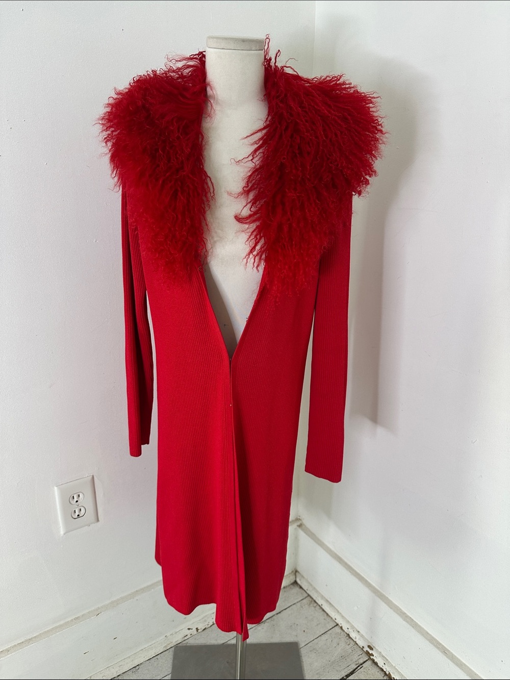 Vintage Genuine Lamb Red Fur Collar Ribbed Longline Cardigan Size M